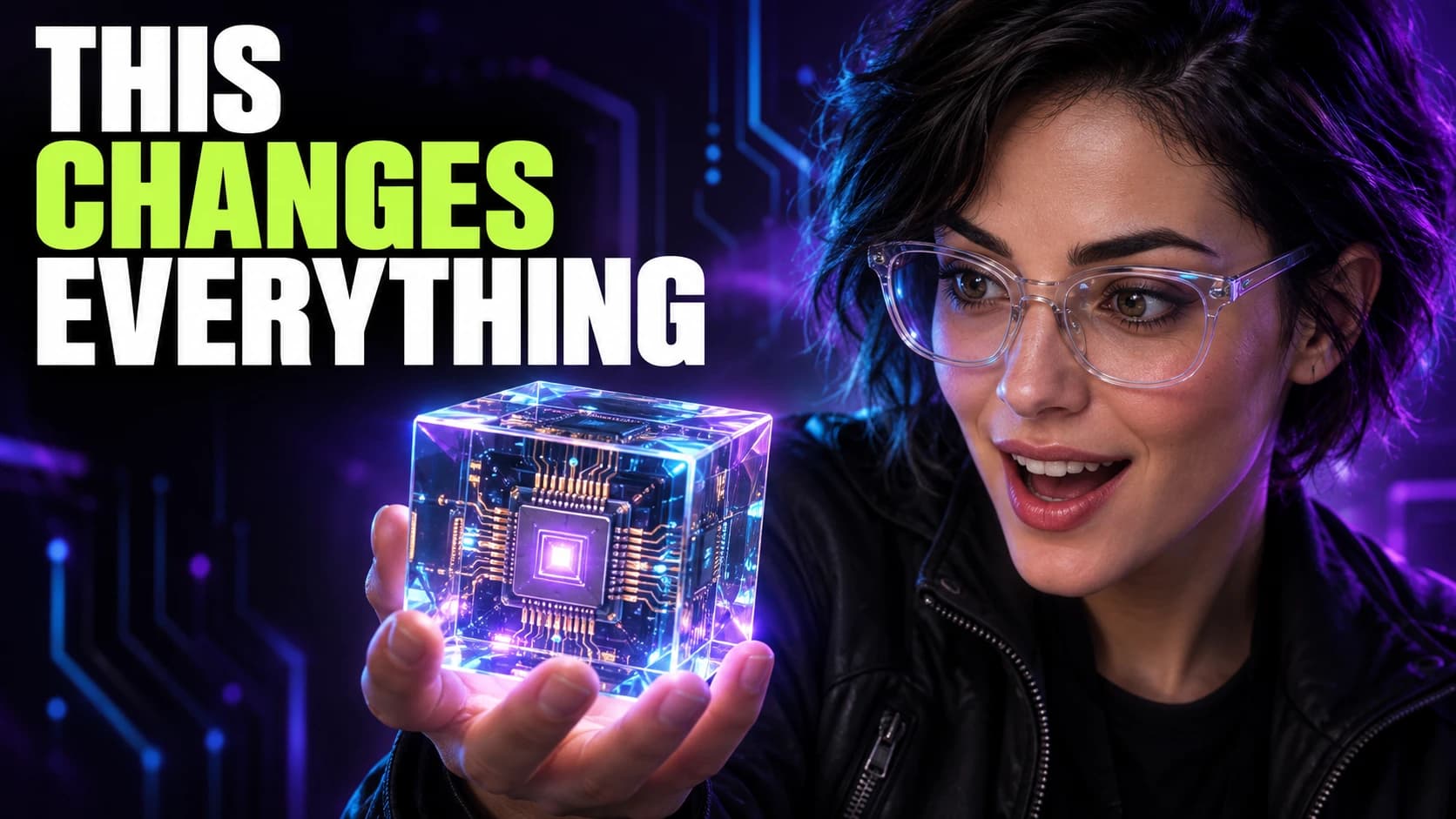Creator with glasses holding a glowing purple cube