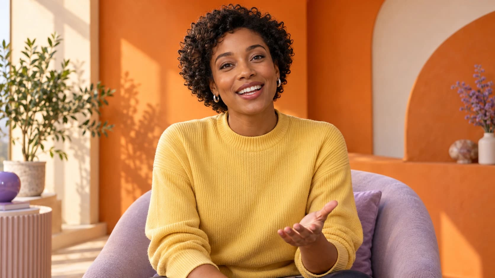AI concept: a smiling presenter in a yellow knit top in a warm orange studio with lavender accents