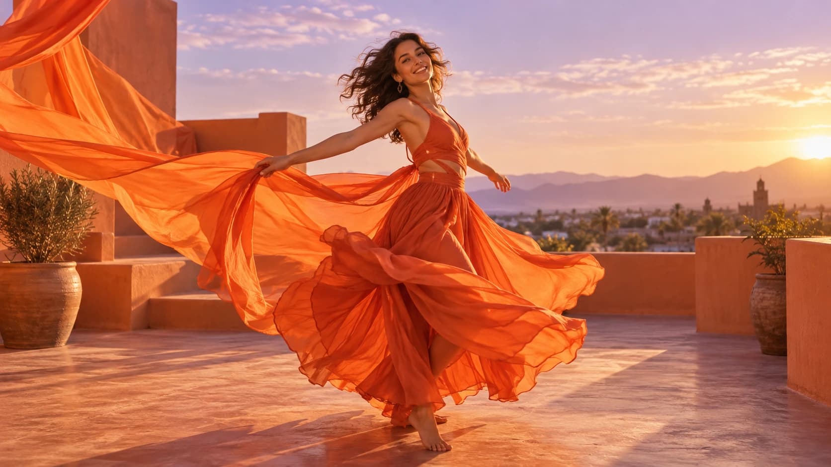 AI concept: a dancer in flowing hot-orange fabric on a sunlit rooftop